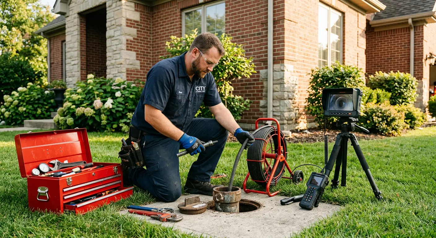 Sewer specialist with camera equipment servicing a cleanout in Elon