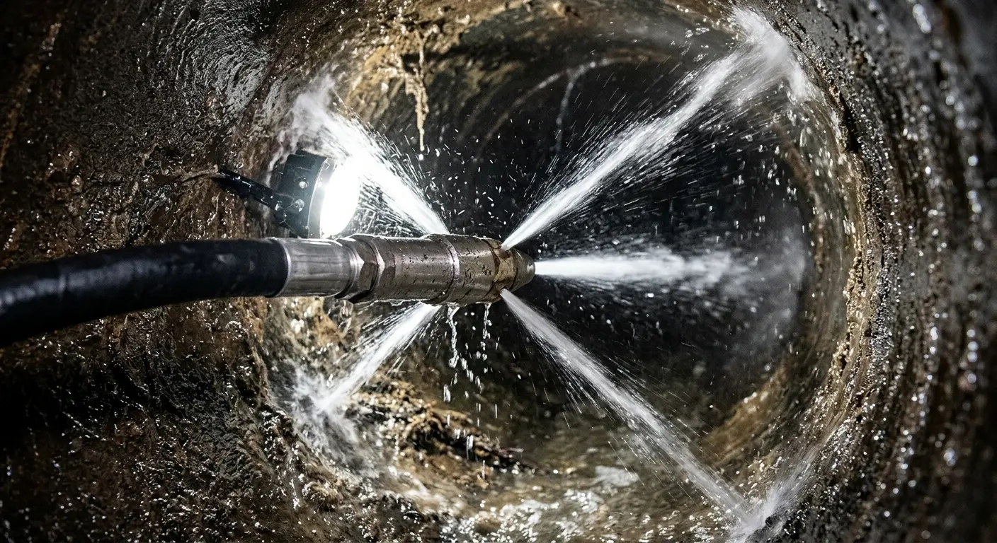 High-pressure hydro jetting nozzle cleaning sewer pipe for Emergency Drain Service in Elon