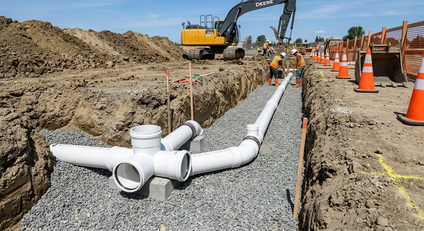 New PVC sewer pipe installation in open trench for Commercial Drain Cleaning in Elon