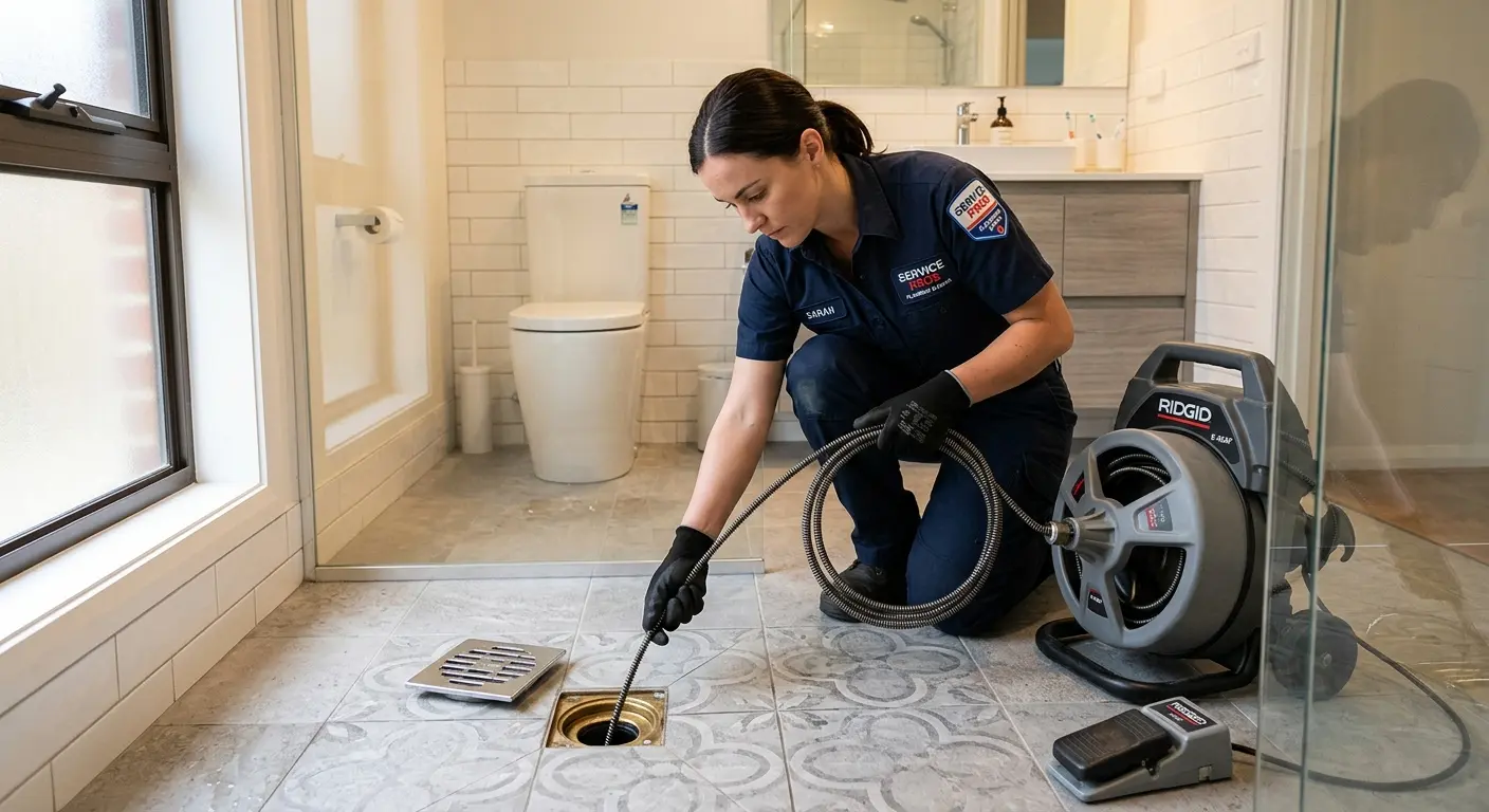 Technician clearing a bathroom floor drain for Clogged Drain Repair in Elon